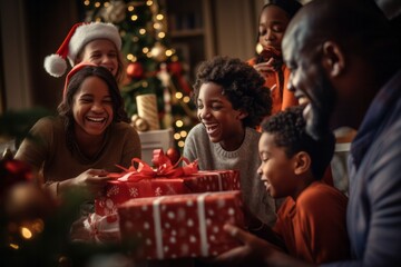 Black family of two children and two parents excitedly opening their Christmas presents, with a cozy fireplace and stockings hanging in the background - 687915074