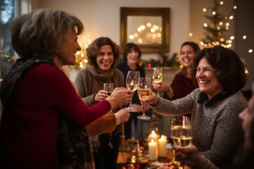 Friends gathered around a table for a Christmas toast. The table is set with plates, glasses, and silverware. There are candles. The room is decorated with a Christmas tree, garland, and wreath. - 687915077