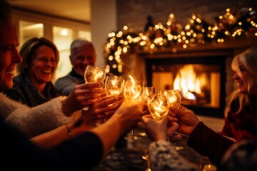 Friends gathered around a table for a Christmas toast. The table is set with plates, glasses, and silverware. There are candles. The room is decorated with a Christmas tree, garland, and wreath. - 687915084