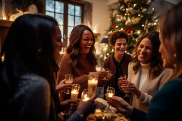 Friends gathered around a table for a Christmas toast. The table is set with plates, glasses, and silverware. There are candles. The room is decorated with a Christmas tree, garland, and wreath. - 687915087
