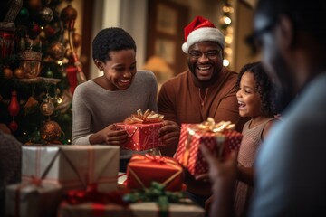 Black family of two children and two parents excitedly opening their Christmas presents, with a cozy fireplace and stockings hanging in the background - 687915088
