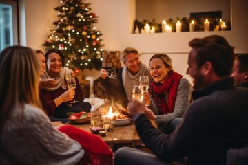 Friends gathered around a table for a Christmas toast. The table is set with plates, glasses, and silverware. There are candles. The room is decorated with a Christmas tree, garland, and wreath. - 687915096