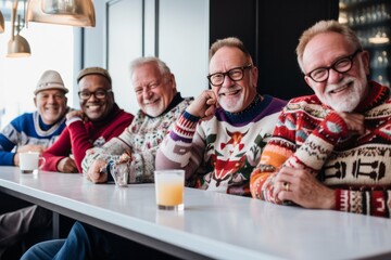 Group of cheerful senior friends in colorful sweaters, sharing laughter at a cafe table, embodying warmth and camaraderie