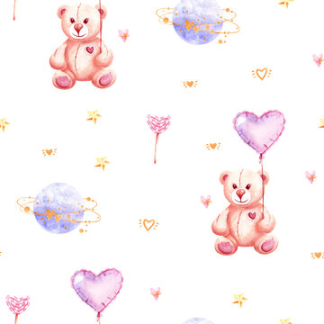 Cute seamless pattern. The illustration is drawn in watercolor. A teddy bear with a flying ball, stars, candies. Cute children's illustration. Print for Valentine's Day, wedding.