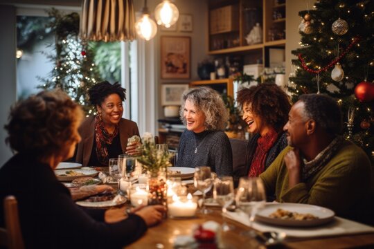 Group of diverse 60 year old friends having a Christmas dinner, with a beautifully decorated living room and Christmas decorations as the setting during a lively holiday party