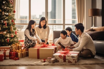 An Asian family celebrates Christmas, unwrapping gifts in a modern living room. They share joyous moments beside a beautifully adorned tree and city view - 687915203