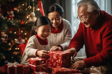 Asian Family gathers by a Christmas tree; a joyful girl unwraps a gift, assisted by doting grandparents. The room is lit with festive warmth and delight