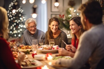 A family gathers around a festive table, enjoying a Christmas dinner. Their faces glow with happiness, amidst candlelight and a decorated tree - 687915213
