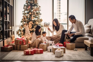 An Asian family celebrates Christmas, unwrapping gifts in a modern living room. They share joyous moments beside a beautifully adorned tree and city view