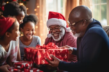 Joyful grandfather in Santa hat shares a Christmas gift moment with gleeful kids. Their laughter and happiness light up the festive atmosphere - 687915215