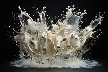 Milk. Dairy cows in splashes of milk. Generative AI.