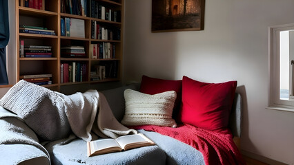 A cozy reading nook with a blanket and a holiday book. generative ai