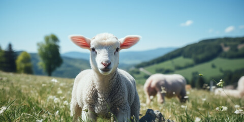 Obraz premium A Sheep sits calmly on a mound with blur background High quality photo