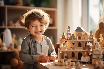 A cheerful child playing with toys - obrazy, fototapety, plakaty