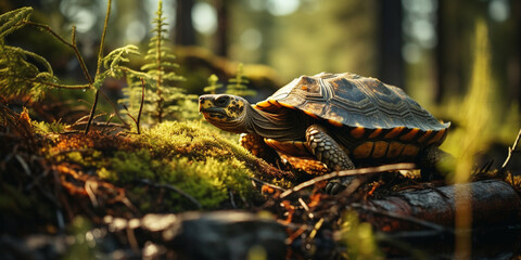 Fototapeta premium A Tortoise sits and watches intently with forest views High quality photo