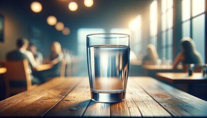 Glass of Water on Restaurant Table, Soft Focus - obrazy, fototapety, plakaty