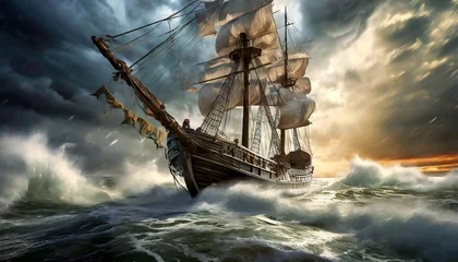 Photo sur Plexiglas Navire Bottom view of an old wooden sailing ship braving the waves of a wild stormy sea, in the background dramatic sky with storm clouds at sunrise or sunset.