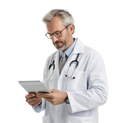 Doctor using a digital tablet in a medical office, isolated on transparent background, PNG file
