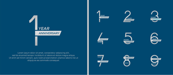 set of anniversary logo silver color and ribbon on blue background for celebration moment