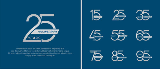 set of anniversary logo silver color and ribbon on blue background for celebration moment - obrazy, fototapety, plakaty