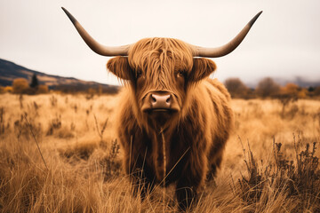 scottish brown cow with long hair - obrazy, fototapety, plakaty