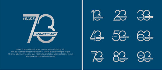 set of anniversary logo silver color and ribbon on blue background for celebration moment