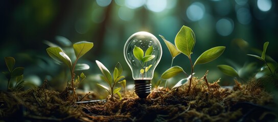 Electric lightbulb contains green plant with sunlight, energy-saving and environmental concepts on Earth Day - obrazy, fototapety, plakaty