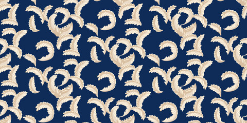 Vector hand drawn abstract, artistic seamless pattern of branches leaves. Stylized light art floral print on a dark blue back. Design for textile, surface design, fashion, fabric