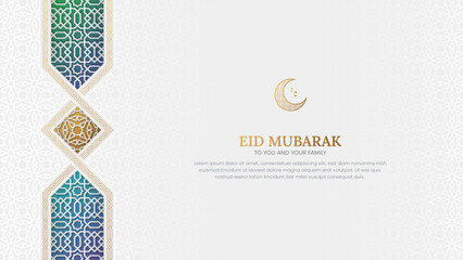 Eid Mubarak Islamic Arabic colorful background with arabesque pattern and borders