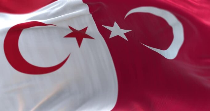 Turkey and Northern Cyprus flag waving. Loop