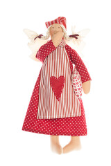 Handmade doll in red dress with heart maded from red color natural cotton linen material. Toy or interior decoration isolated on white background
