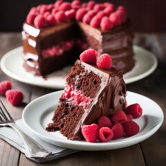 Raspberry layer cake. This show-stopping chocolate cake has layers of raspberry preserves and fresh raspberries to make it fruity and flavorful - AI generated