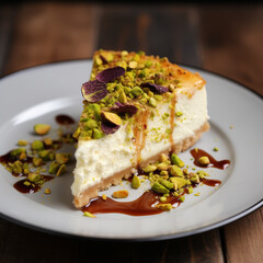 Ricotta Cheesecake garnished with chocolate shavings and chopped pistachios for a pretty presentation - AI generated 
