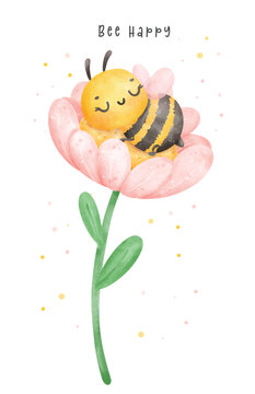 Cute baby honey bee sleeping in flower watercolor cartoon character hand painting illustration vector. Bee Happy