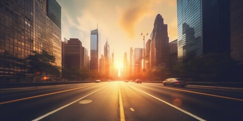 Dawn in the City: Straight Endless Road in Early Morning New York. Generative ai