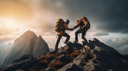 Obraz premium Summit Together: Modern Hikers in Mutual Support to Reach the Mountain Top. Generative ai