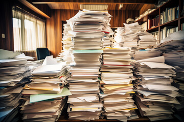Paperwork, stacks business papers in office