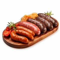 Fototapeta premium Assorted Grilled Sausages on Wooden Board. Generative ai