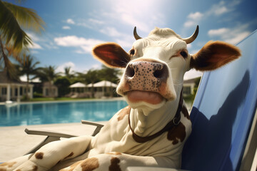 cow sunbathing lying on a sun lounger by the pool, summer vacation - obrazy, fototapety, plakaty