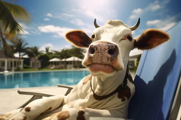 Foto op Plexiglas cow sunbathing lying on a sun lounger by the pool, summer vacation © Anastasiia Trembach