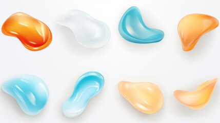 set of aqua and peach color liquid 3d shapes, floating paint drops with gradient.