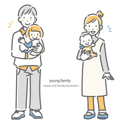子供2人の若い夫婦家族　シンプルでお洒落な線画イラスト　