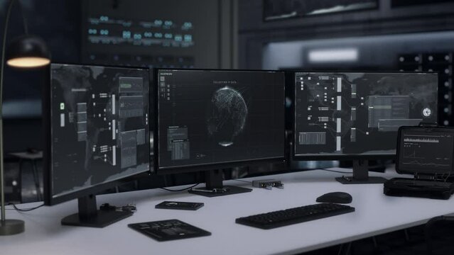 High Tech Ui Analyzing Cyber Network Data To Find Position Of Internet Hacker. Hacker Detected By Firewall Cyber Security System. Spy Network. Hacking Online Server To Find IP Address Location