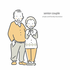 70代、80代　笑顔のシニア夫婦　シンプルでお洒落な線画イラスト