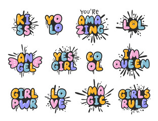 Cartoon slogan stickers set in 90 and 00 pink girly style. Cute y2k bubble lettering for tee t shirt and sweatshirt. Urban graffiti with spray grunge effects. Hipster graphic street art