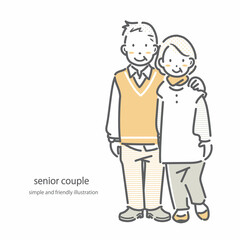 60代、70代　笑顔のシニア夫婦　シンプルでお洒落な線画イラスト