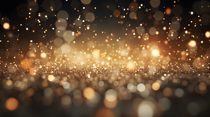 Abstract Golden Glitter Particles Floating on Dark Background