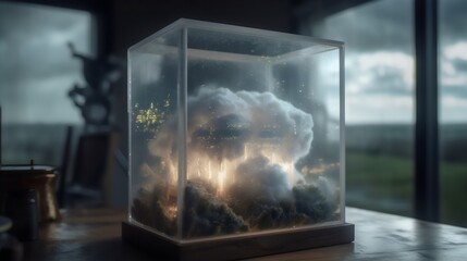 A glass box with clouds inside of it. Terrarium with various magical clouds. - obrazy, fototapety, plakaty