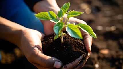 Hands Holding Young Plant with Soil on Sustainable Growth Concept