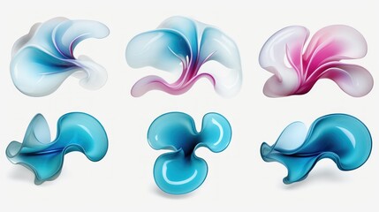 set of Orchid and Turquoise color liquid 3d shapes, floating paint drops with gradient.